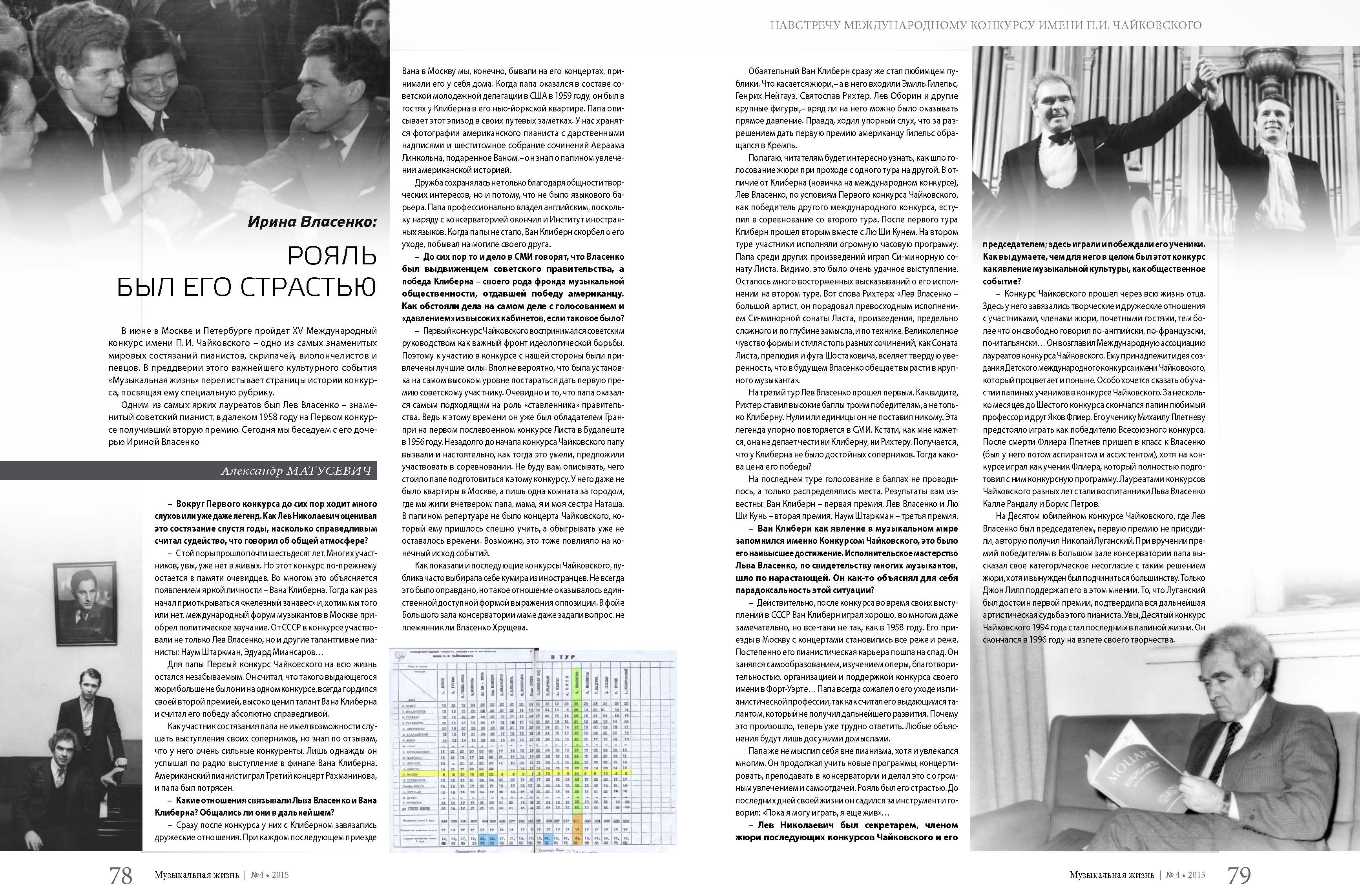 Страница журнала «Музыкальная жизнь» с интервью Ирины Власенко